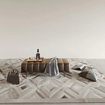 Brown Leather Bench With Tray Wine Bottle Glasses Checkered Blanket On Geometric Rug 3d model