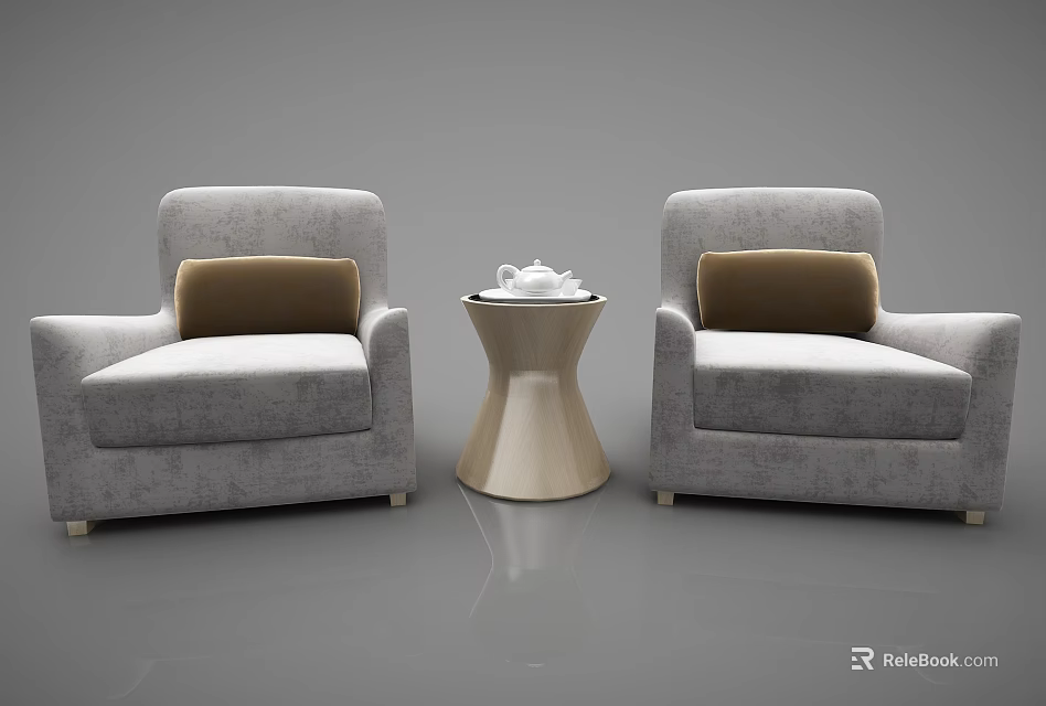 Casual Sofa Set Featuring Two Gray Sofas With Brown Cushions And Round Coffee Table 3d model