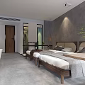 Hotel Guest Room Interior With Twin Beds Bedside Lamps Gray Walls And Artwork