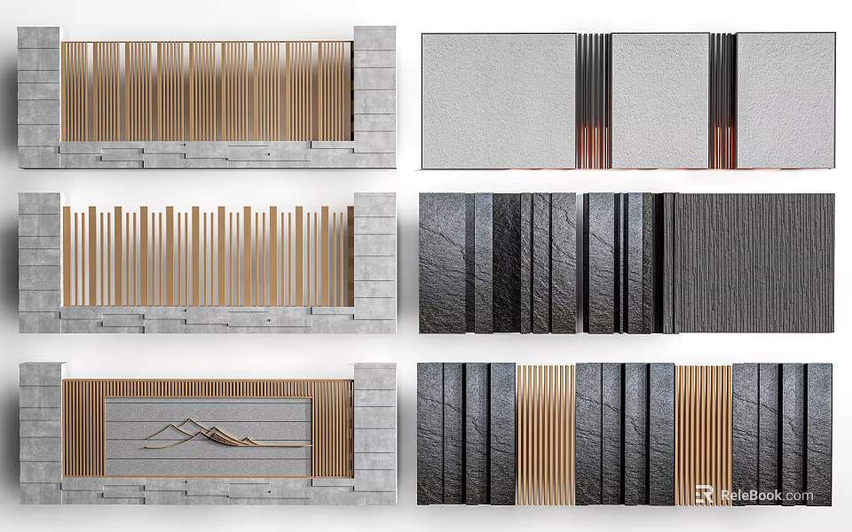 Modern Building Exterior Wall Design With Wooden Slats Gray Stone And Golden Accents 3d model 
