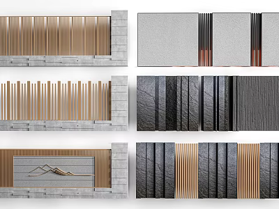 Modern Building Exterior Wall Design With Wooden Slats Gray Stone And Golden Accents 3d model