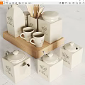 White Kitchenware Set With Storage Jars Mugs And Wooden Tray Decorative Prints