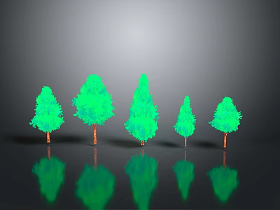 Green Trees with Various Shapes and Brown Trunks on Gray Background with Reflections 3d model