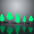 Green Trees with Various Shapes and Brown Trunks on Gray Background with Reflections