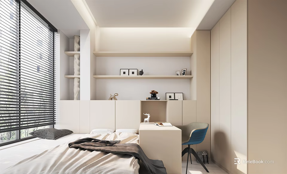 Modern Tatami Bedroom Interior With Storage Cabinets Wall Shelves Desk And Blue Chair 3d model 