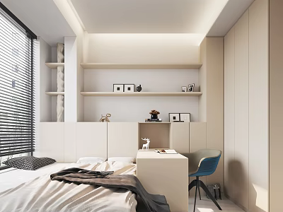 Modern Tatami Bedroom Interior With Storage Cabinets Wall Shelves Desk And Blue Chair 3d model