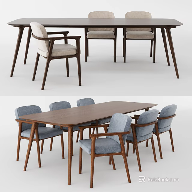Elegant Modern Wooden Dining Table Set With Multiple Blue Cushioned Chairs 3d model