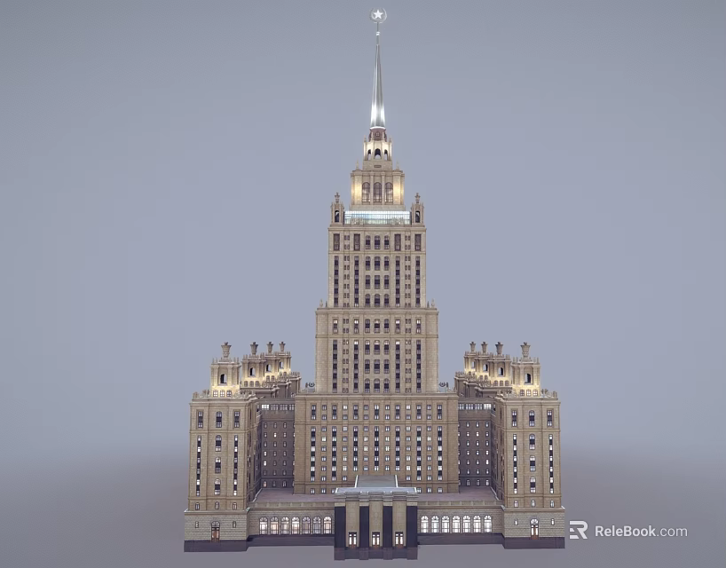 Elegant Grand Classical Hotel Building With Spire And Symmetrical Illuminated Facade 3d model 
