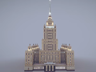 Elegant Grand Classical Hotel Building With Spire And Symmetrical Illuminated Facade 3d model