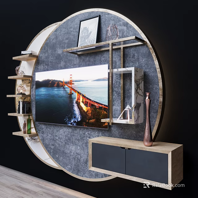 Elegant Modern TV Background Wall With Round Design And Floating Shelves Decorative Vases 3d model 
