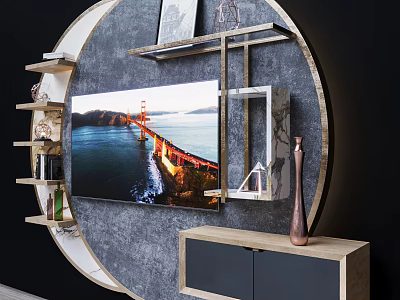 Elegant Modern TV Background Wall With Round Design And Floating Shelves Decorative Vases 3d model