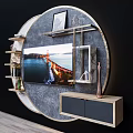 Elegant Modern TV Background Wall With Round Design And Floating Shelves Decorative Vases