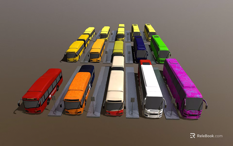 Multiple Colorful Buses Parked In Lined Up Arrangement At Parking Lot 3d model 