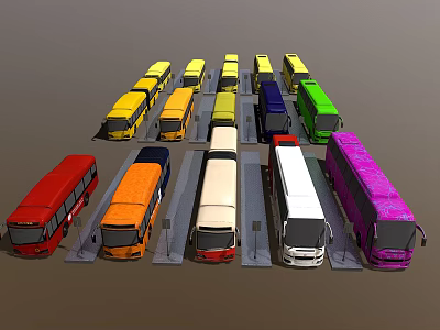 Multiple Colorful Buses Parked In Lined Up Arrangement At Parking Lot 3d model