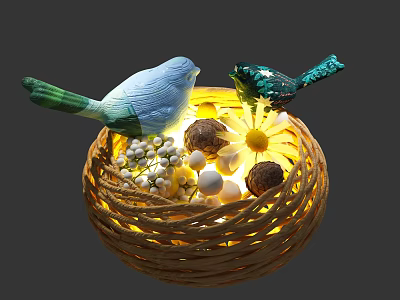 Two Colorful Birds in a Woven Bird Nest with White Berries Eggs Daisy and Nuts 3d model