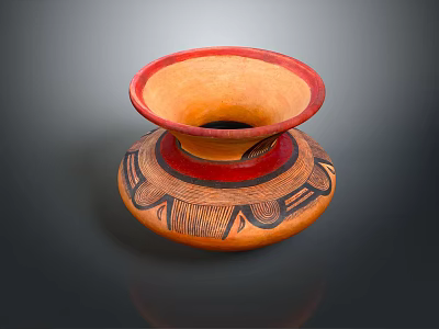 Traditional Handcrafted Ceramic Bowl With Red Rim And Geometric Patterns 3d model