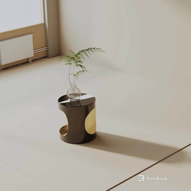 Modern Black Gold Side Table With Round Design Glass Vase And Green Plant Decor 3d model 