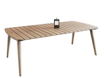Wooden Dining Table With Slatted Top and Slim Legs Featuring Black Lantern Decoration 3d model