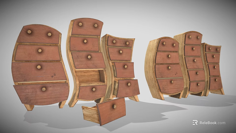 Vintage Wood Dressers With Curved Design Multiple Drawers And Round Wooden Knobs 3d model 