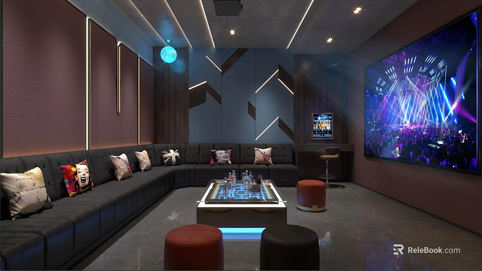 Modern KTV Room Interior With Black Leather Sofas Large TV And Geometric Lighting 3d model 