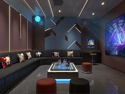 Modern KTV Room Interior With Black Leather Sofas Large TV And Geometric Lighting 3d model