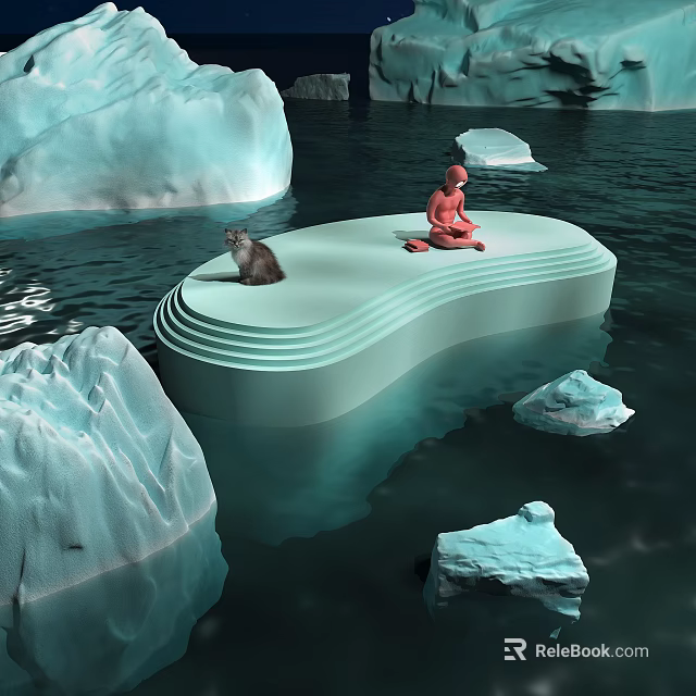 Cartoon Scene of Icy Waters Featuring Icebergs Otter and Red Figure on Floating Platform 3d model 