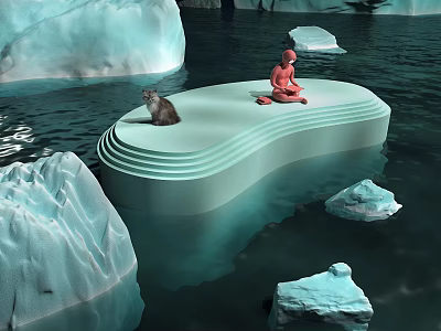 Cartoon Scene of Icy Waters Featuring Icebergs Otter and Red Figure on Floating Platform 3d model