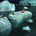 Cartoon Scene of Icy Waters Featuring Icebergs Otter and Red Figure on Floating Platform