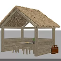Thatched Hut Outdoor Setting With Wooden Table Stools Plant And Brown Barrels