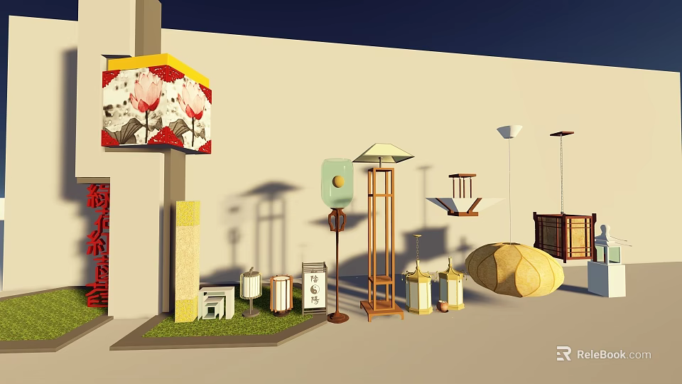 Chinese Style Outdoor Lights With Lotus Pattern And Wooden Fabric Design 3d model 