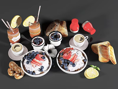 Delicious Breakfast Food Spread With Yogurt Bowls Berries Coffee Toast And Juice 3d model