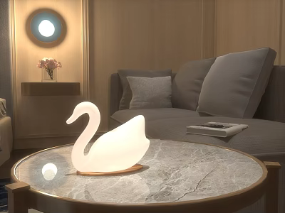 Elegant Swan Shaped White Decorative Lamp On Marble Coffee Table In Cozy Living Room 3d model