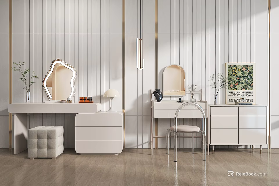 Modern Dressing Table Interior Design With White Mirror Drawers Chair And Wooden Floor Decor 3d model 