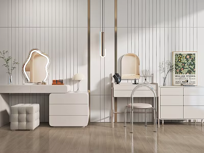 Modern Dressing Table Interior Design With White Mirror Drawers Chair And Wooden Floor Decor 3d model