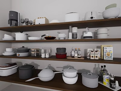 Dinnerware Set with Various Kitchen Items on Wooden Shelves and Appliances 3d model