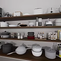 Dinnerware Set with Various Kitchen Items on Wooden Shelves and Appliances