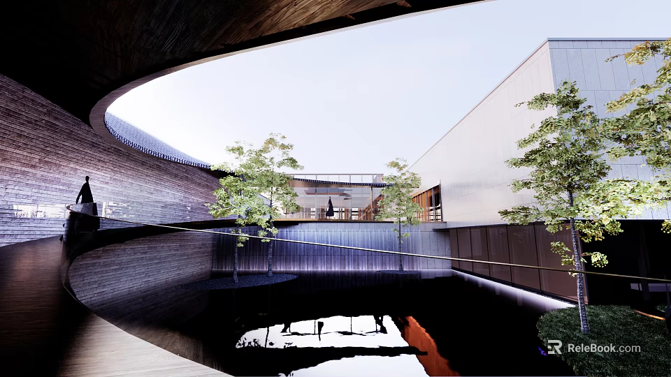 Modern Waterfront Landscape Design With Curved Architecture And Reflecting Pool 3d model