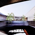 Modern Waterfront Landscape Design With Curved Architecture And Reflecting Pool 3d model