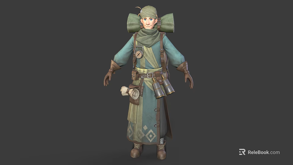 Adventurer Character In Teal Robe With Backpack Telescopic Tools And Scroll 3d model