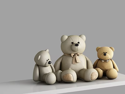 Three Plush Teddy Bears in Different Sizes Sitting on White Shelf with Gray Background 3d model