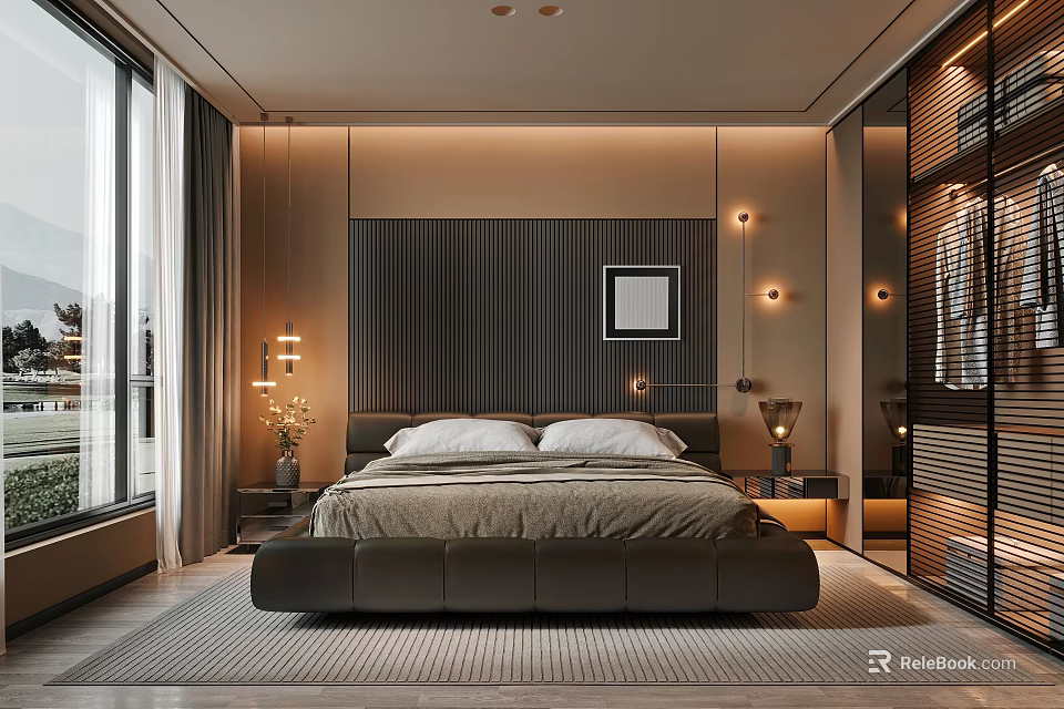 Modern Bedroom With Bedhead Dark Vertical Stripes Decorative Painting Wall Lamps Floor To Ceiling Windows 3d model 