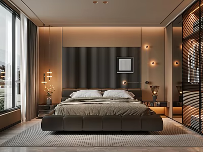 Modern Bedroom With Bedhead Dark Vertical Stripes Decorative Painting Wall Lamps Floor To Ceiling Windows 3d model