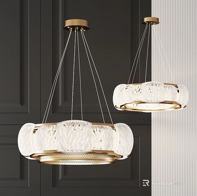 Modern White Textured Chandeliers With Gold Frame On Dark Wall Interior 3d model 