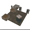 Miniature Scene Components Including Stone Buildings Square Bases Windows Book And Cloth