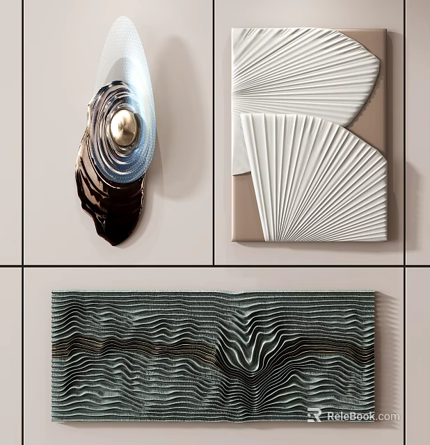 Modern Artistic Wall Decorations with Shell Shaped Metallic Accent Fan Design and Wavy Texture Panels 3d model