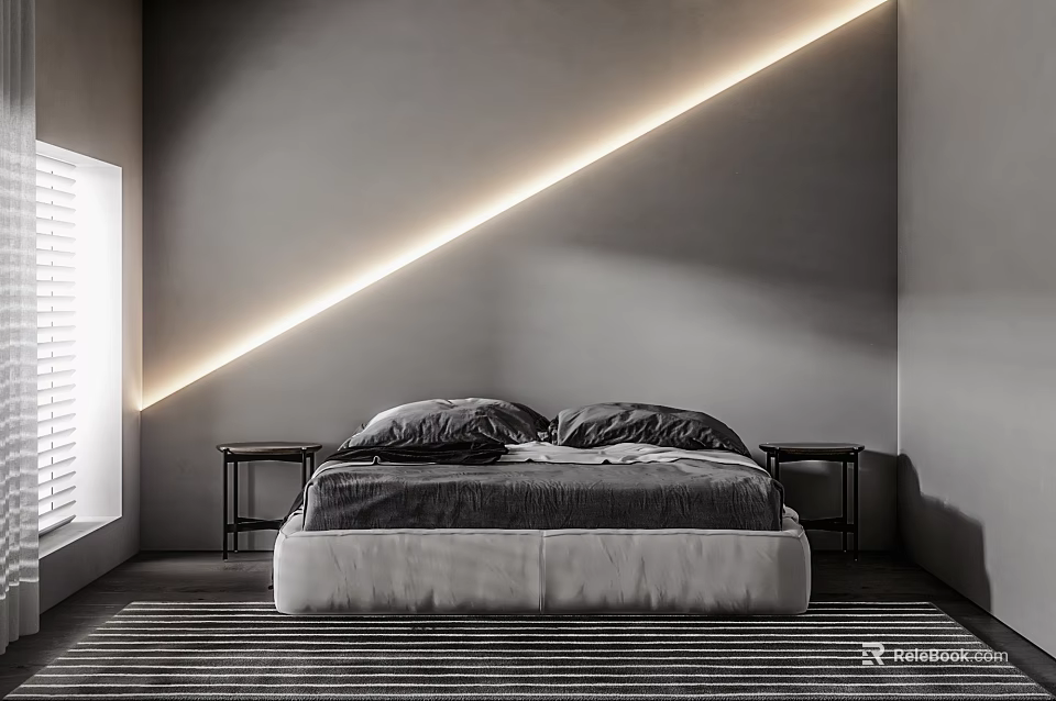 Double Bed With Black Pillows Gray Wall Diagonal LED Light Strip Black Nightstands Striped Floor 3d model 