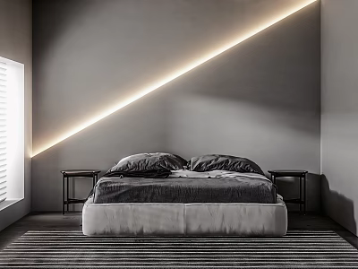 Double Bed With Black Pillows Gray Wall Diagonal LED Light Strip Black Nightstands Striped Floor 3d model