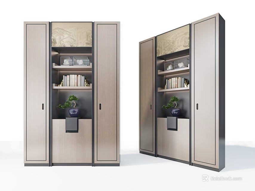 Elegant Modern Decorative Cabinet With Glass Doors Books And Green Plants 3d model 