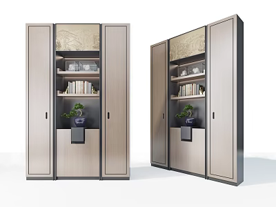 Elegant Modern Decorative Cabinet With Glass Doors Books And Green Plants 3d model