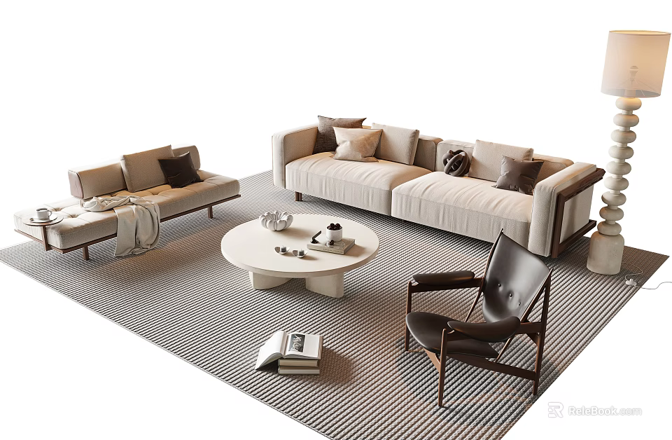 Modern Light Colored Sofa And Coffee Table Set With Round Table Armchair And Striped Rug 3d model